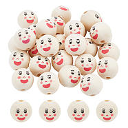 Printed Wood European Beads, Large Hole Beads, Round with Smiling Face Pattern, BurlyWood, 21.5x20.5mm, Hole: 5mm(WOOD-FG0001-31)