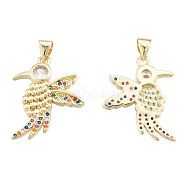 Brass Micro Pave Colorful Cubic Zirconia Pendants, with Brass Snap on Bails, Nickel Free, Bird, Real 18K Gold Plated, 24x19x3mm, Hole: 3x4mm(ZIRC-N039-253)