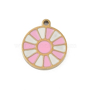 304 Stainless Steel Enamel Charms, Flat Round Charms, Real 18K Gold Plated, Ion Plating(IP), Pink, 11.5x10x1mm, Hole: 1mm(STAS-I325-044G)