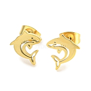 Hollow Out Shark 304 Stainless Steel Stud Earrings, Golden, 8.5x10mm(EJEW-G359-02G)