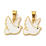 316 Surgical Stainless Steel Charms, with Enamel, Pigeon Charm, White, Golden, 12x12.5x1mm, Hole: 3x5mm(STAS-G325-05G)