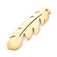 304 Stainless Steel Pendants, Manual Polishing, Laser Cut, Feather, Golden, 33.5x10.5x0.8mm, Hole: 1.2mm(STAS-L238-088B-G)