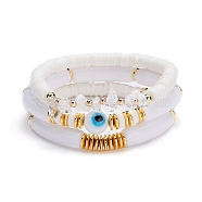 Chunky Tube Beads Bracelets Set, Evil Eye Beads Bracelets,  Natural Quartz Crystal Chip Beads Reiki Bracelets, Heishi Beads Surfering Bracelets for Women, Golden, White, Inner Diameter: 2-1/4 inch(5.7cm), 3pcs/set(BJEW-JB07224)