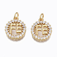 Brass Micro Pave Clear Cubic Zirconia Pendants, with Jump Rings, Nickel Free, Ring with Word FE, Real 16K Gold Plated, 16x13x3mm, Hole: 3mm(ZIRC-N039-137-NF)