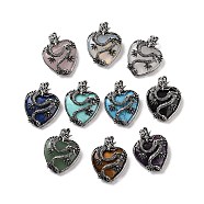 Natural & Synthetic Mixed Gemstone Pendants, Heart Charms, with Rack Plating Antique Silver Tone Alloy Dragon Findings, Mixed Dyed and Undyed, 41~41.5x31.5~32x11.5mm, Hole: 6.5x8.5mm(G-A207-04AS)