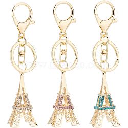 Nbeads 3Pcs 3 Colors Zinc Alloy Rhinestone Keychain, with Light Gold Plated Split Key Rings, Lobster Claw Clasps, Eiffel Tower, Mixed Color, 12.7cm, 1pc/color(KEYC-NB0001-38)