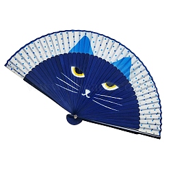 Cat Pattern Bamboo with Satin Folding Fan, for Party Wedding Dancing Decoration, Midnight Blue, 210mm(WOCR-PW0005-01A-02)
