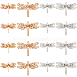 16Pcs 4 Style Brass Filigree Joiners Links Sets, with Crystal Rhinestone, Dragonfly, Mixed Color, 24.5~34x36~51x6~8.5mm, Hole: 1~1.5mm, 4pcs/style(KK-SC0003-48)