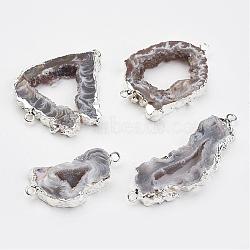 Natural Geode Agate Links connectors, with Brass Findings, Nuggets, Silver, 26~54x14.5~30x4~5.5mm, Hole: 2mm(G-G950-05P)