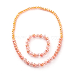 Acrylic Beaded Bracelet & Necklace Set for Kids, with Transparent Bead In Bead & AB Color Plated & Opaque Acrylic Beads, Round, Tomato, Inner Diameter: 4-1/8 inch(10.4cm), Inner Diameter: 1.85 inch(47mm)(SJEW-JS01207-03)