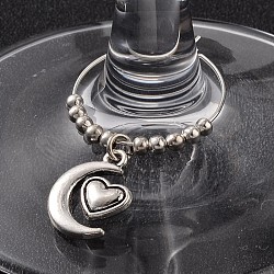 Tibetan Style Alloy Heart with Moon Wine Glass Charms, with Iron Beads and Brass Wine Glass Charm Rings Hoop Earrings, Antique Silver, 38x25mm(AJEW-JO00130-02)