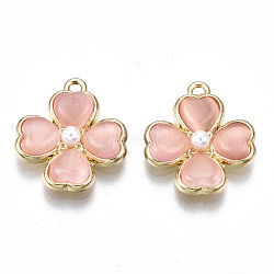Rack Plating Alloy Pendants, with ABS Plastic Imitation Pearl and Cat Eye, Cadmium Free & Lead Free, Clover, Light Gold, Pink, 19.5x17x4.5mm, Hole: 1.5mm(PALLOY-S132-214C-RS)