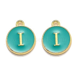 Golden Plated Alloy Enamel Charms, Enamelled Sequins, Flat Round with Alphabet, Letter.I, Green, 14x12x2mm, Hole: 1.5mm(ENAM-Q437-15I)
