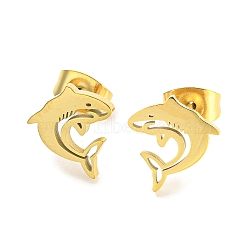 Hollow Out Shark 304 Stainless Steel Stud Earrings, Golden, 8.5x10mm(EJEW-G359-02G)