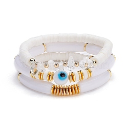 Chunky Tube Beads Bracelets Set, Evil Eye Beads Bracelets,  Natural Quartz Crystal Chip Beads Reiki Bracelets, Heishi Beads Surfering Bracelets for Women, Golden, White, Inner Diameter: 2-1/4 inch(5.7cm), 3pcs/set(BJEW-JB07224)
