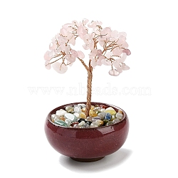 Natural Rose Quartz Chips Tree Decorations, Ceramic Bowl Base Copper Wire Feng Shui Energy Stone Gift for Home Desktop Decoration, 67~70x110~115mm(DJEW-M012-02G)