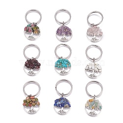 Natural & Synthetic Mixed Stone Keychain, with Stainless Steel Split Rings and Alloy Pendant, Flat Round with Tree of Life, 55mm, Pendant: 28x25.5x5~6mm, 9pcs/set(KEYC-JKC00185)