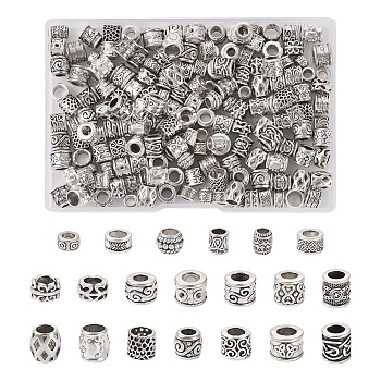 200Pcs 20 Style Tibetan Style European Bead, Large Hole Beads, Column, Antique Silver, 5.5~9x4~9.5mm, Hole: 4~6mm, 10pcs/style