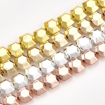 Electroplate Non-magnetic Synthetic Hematite Beads Strands, Hexagon, Faceted, Mixed Color, 6x6x3mm, Hole: 1mm, about 73pcs/strand, 15.7 inch