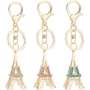 Nbeads 3Pcs 3 Colors Zinc Alloy Rhinestone Keychain, with Light Gold Plated Split Key Rings, Lobster Claw Clasps, Eiffel Tower, Mixed Color, 12.7cm, 1pc/color