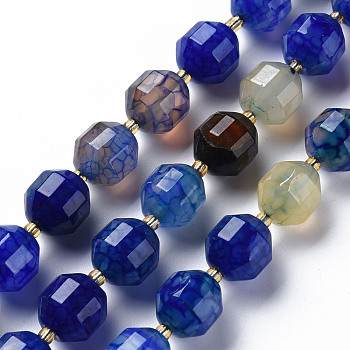 Natural Agate Beads Strands, Dyed, Faceted, with Seed Beads, Double Terminated Point Prism Beads, Bicone, Royal Blue, 10.5~12.5x10~11.5mm, Hole: 1.5mm, about 27~29pcs/strand, 14.25 inch~15.16 inch(36.2cm~38.5cm)