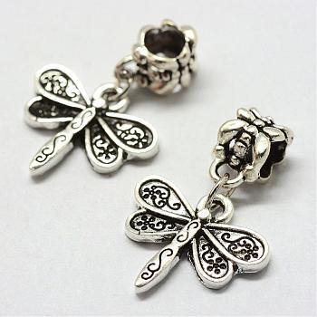 Alloy European Dangle Charms, Tibetan Style, Large Hole Pendants, Dragonfly, Antique Silver, 27mm, Hole: 5mm