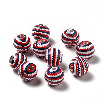 Independence Day Theme Printed Natural Wooden Beads, Round with Wave Pattern, Colorful, 16x14.5mm, Hole: 3.5mm