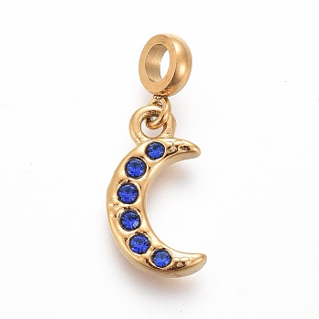 Ion Plating(IP) 304 Stainless Steel Pendants, with Rhinestone and Tube Bails, Moon, Sapphire, Golden, 17mm, Pendant: 11.8x6.4x1.8mm, Hole: 2.5mm
