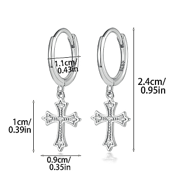 Rhodium Plated 925 Sterling Silver Micro Pave Cubic Zirconia Dangle Hoop Earrings, Cross, with 925 Stamp, Platinum, 24mm