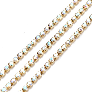2 Colors Crystal & Crystal AB Rhinestone Cup Chains, Raw(Unplated) Brass Rhinestone Strass Chains, with Plastic Spools, Mixed Color, 2mm, 4.92 Feet(1.5m)/color, 9.84 Feet(3m)/bag