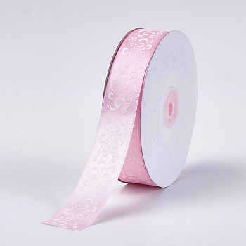 Single Face Satin Ribbon, Polyester Ribbon, Flower Pattern, Pink, 1 inch(25mm), about 50yards/roll(45.72m/roll)