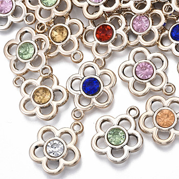 UV Plating Acrylic Pendants, with Rhinestone, Flower, Light Gold, Mixed Color, 28.5x24x7.5mm, Hole: 2.5mm