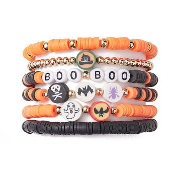 6Pcs 6 Styles Halloween Handmade Polymer Clay Beaded Stretch Bracelets Sets, Stackable Bracelets with Brass Beads for Women, Orange, Inner Diameter: 2-5/8~2-3/4 inch(6.6~7cm), 1pc/style