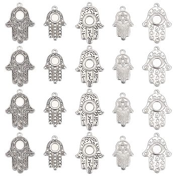 DICOSMETIC 20Pcs 5 Style 304 Stainless Steel Pendants Cabochon Settings, for Religion, Hamsa Hand/Hand of Miriam with Eye, Antique Silver & Stainless Steel Color, 25.5~29x15~19.5x2~3mm, Hole: 1.5~1.8mm, 4pcs/style
