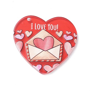 Valentine's Day Theme Acrylic Pendant, Heart with Word I LOVE YOU, FireBrick, 37.3x36.5x2.3mm, Hole: 1.8mm