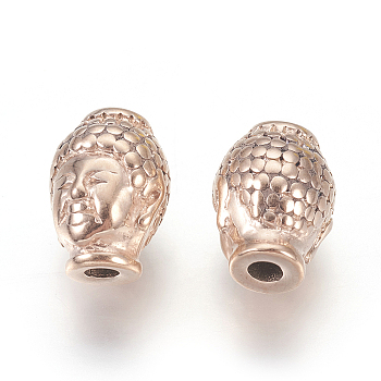 316 Surgical Stainless Steel Beads, Buddha Head, Rose Gold, 10x13x9mm, Hole: 2mm