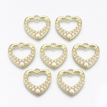 Rack Plating Pendants, with White ABS Plastic Imitation Pearl, Cadmium Free & Nickel Free & Lead Free, Heart, Light Gold, 18x18x4mm, Hole: 1.8mm