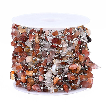 316 Stainless Steel Paperclip Chains, with Natural Red Jasper Chips and Stainless Steel Beaded, Soldered, with Spool, Stainless Steel Color, 4~8x3.5~6x1~4mm, about 16.40 Feet(5m)/Roll
