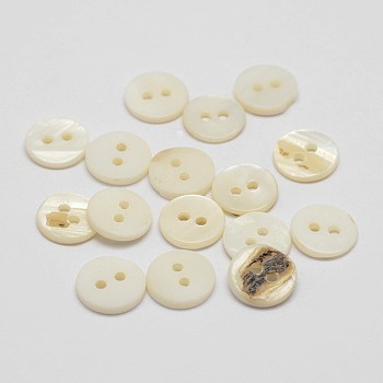 2-Hole Shell Flat Round Buttons, Seashell Color, 10x2mm, Hole: 1.5mm
