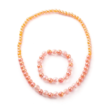 Acrylic Beaded Bracelet & Necklace Set for Kids, with Transparent Bead In Bead & AB Color Plated & Opaque Acrylic Beads, Round, Tomato, Inner Diameter: 4-1/8 inch(10.4cm), Inner Diameter: 1.85 inch(47mm)
