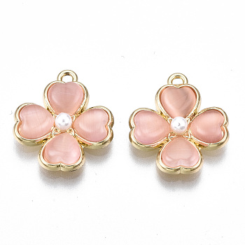 Rack Plating Alloy Pendants, with ABS Plastic Imitation Pearl and Cat Eye, Cadmium Free & Lead Free, Clover, Light Gold, Pink, 19.5x17x4.5mm, Hole: 1.5mm