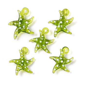 Handmade Lampwork Pendants, Bumpy, Starfish, Yellow Green, 28~34x27~30x7~8.5mm, Hole: 2~2.5mm