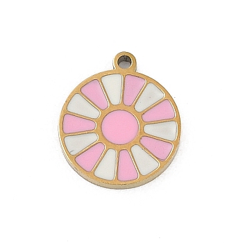 304 Stainless Steel Enamel Charms, Flat Round Charms, Real 18K Gold Plated, Ion Plating(IP), Pink, 11.5x10x1mm, Hole: 1mm