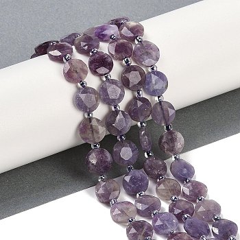 Natural Purple Tourmaline Beads Strands, Faceted Pentagonal Cut, Flat Round, with Seed Beads, 10~10.5x5~6mm, Hole: 1mm, about 32~33pcs/strand, 15.75''(40cm)