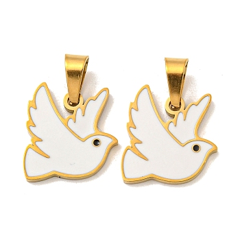 316 Surgical Stainless Steel Charms, with Enamel, Pigeon Charm, White, Golden, 12x12.5x1mm, Hole: 3x5mm