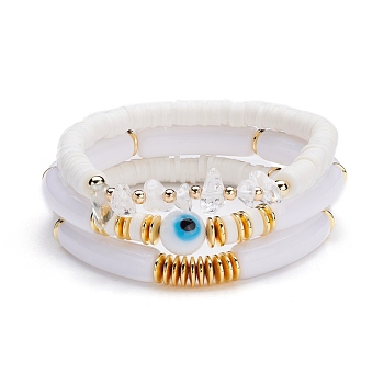 Chunky Tube Beads Bracelets Set, Evil Eye Beads Bracelets,  Natural Quartz Crystal Chip Beads Reiki Bracelets, Heishi Beads Surfering Bracelets for Women, Golden, White, Inner Diameter: 2-1/4 inch(5.7cm), 3pcs/set