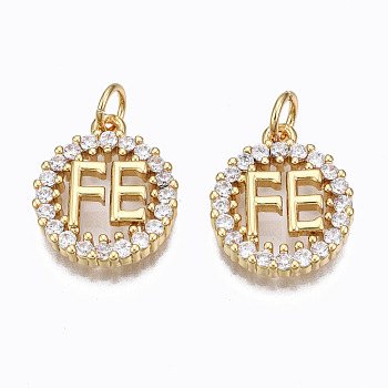 Brass Micro Pave Clear Cubic Zirconia Pendants, with Jump Rings, Nickel Free, Ring with Word FE, Real 16K Gold Plated, 16x13x3mm, Hole: 3mm