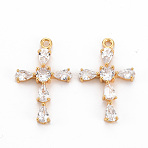 Brass Clear Cubic Zirconia Pendants, Nickel Free, Cross, Real 18K Gold Plated, 24x15x3mm, Hole: 1.5mm(KK-N233-103-NF)