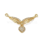 Brass Micro Pave Clear Cubic Zirconia Pendants, Wing with Heart Charms, Golden, 18x29x2.5mm, Hole: 1.2mm(CU-CBA5C42-12G)