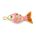 Fish Brass Micro Pave Cubic Zirconia Pendants, Enamel Style, Long-Lasting Plated, Cadmium Free & Lead Free, Real 18K Gold Plated, Pink, 22x9x5mm, Hole: 2.5x1.5mm(KK-P342-14B-G04)